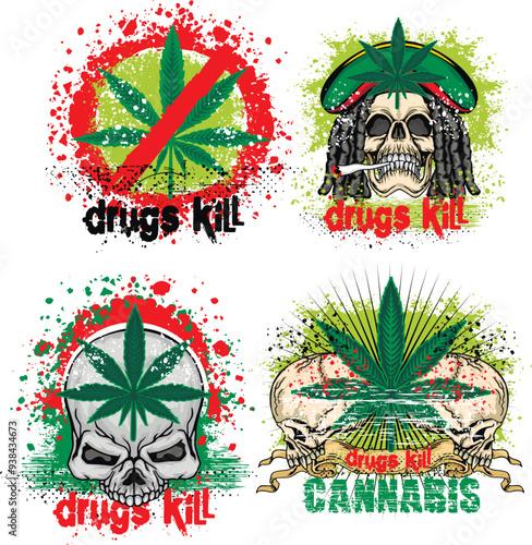 rastafarian sign with skull and cannabis leaf, grunge vintage design t shirts