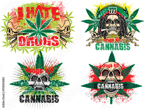 rastafarian sign with skull and cannabis leaf, grunge vintage design t shirts