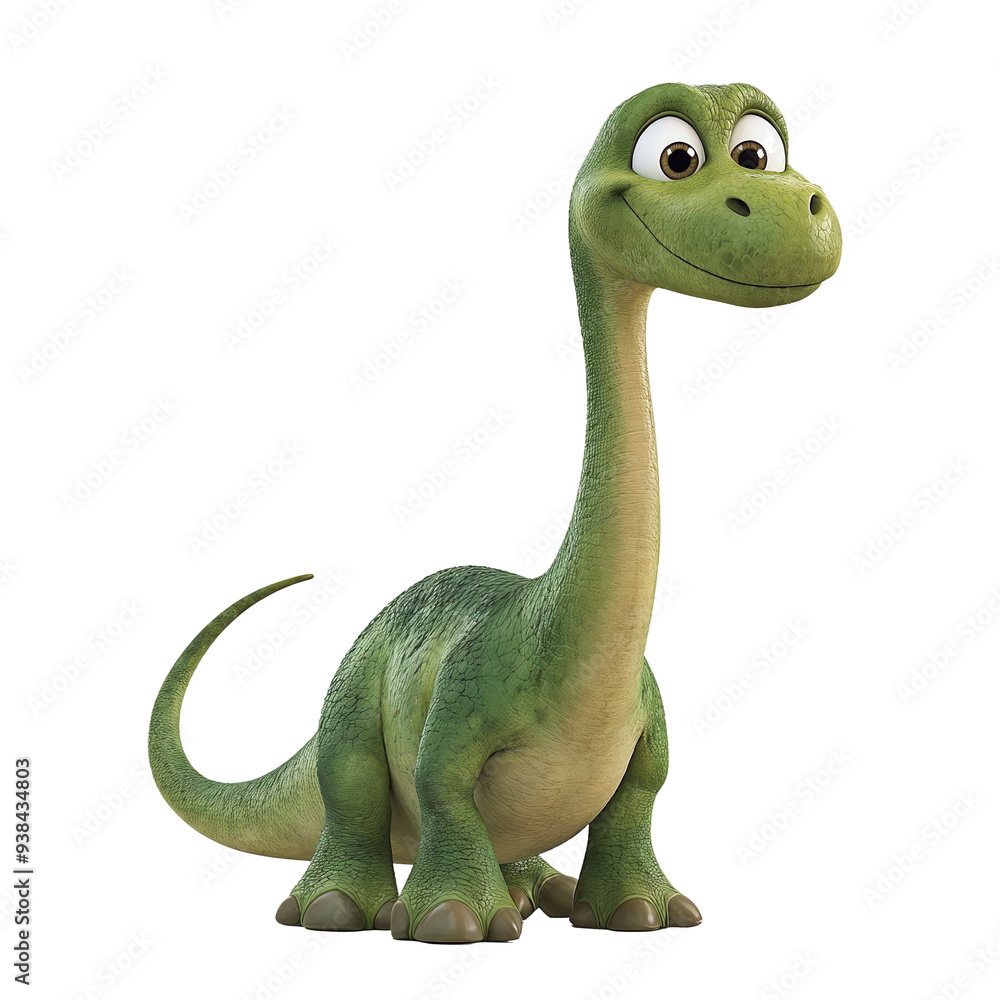 Fototapeta premium A cartoon dinosaur with a big smile on its face. The dinosaur is green and has a long neck.