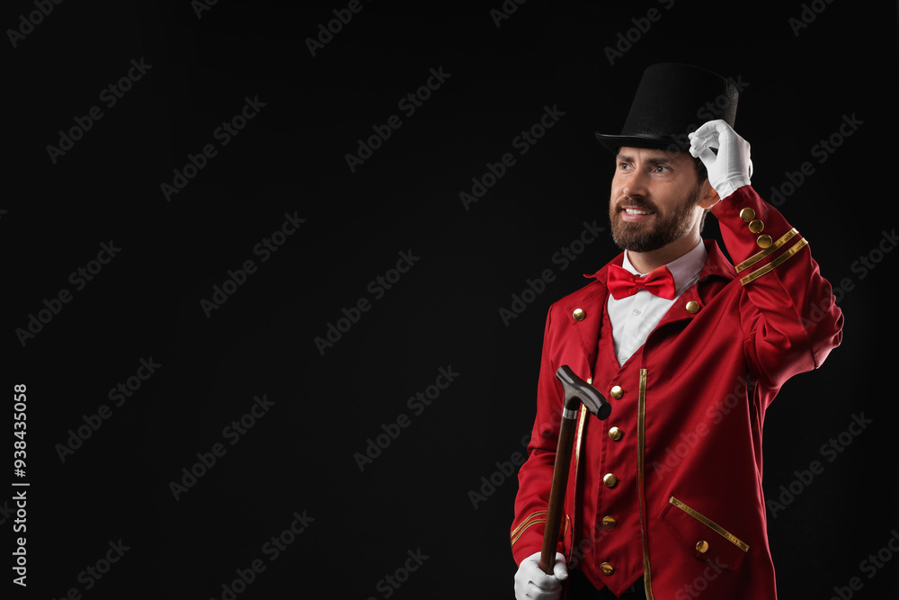 Portrait of showman in red costume and hat on black background, space for text Portrait of showman in red costume and hat on black background, space for text
