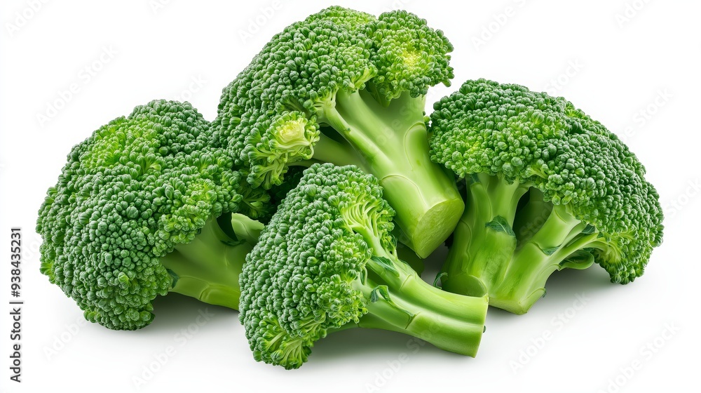 Four fresh green broccoli florets isolated on white background. Four fresh green broccoli florets isolated on white background.