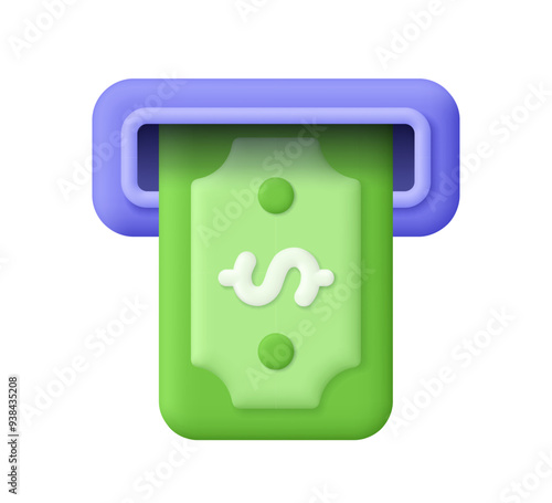 Cash banknote withdrawal at ATM. Atm withdrawal, bank payment. Business, finance and online banking concept. 3d vector icon. Cartoon minimal style.