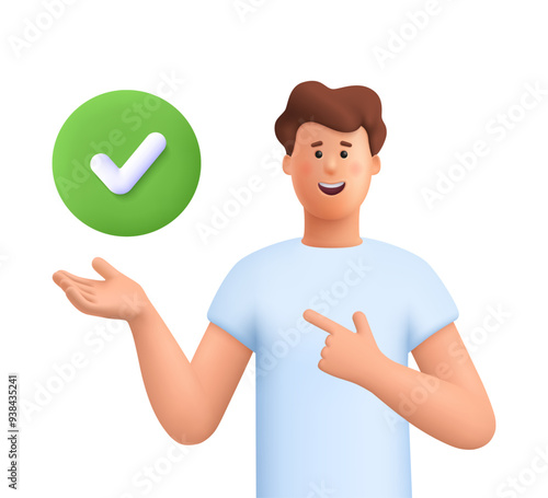 Man holding and pointing to button with check mark or tick sign. Task completion, complete business assignments, time management concept. 3d vector people character. Cartoon minimal style.