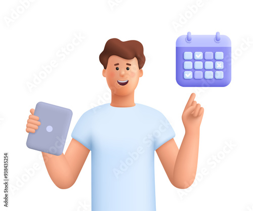 Man holding tablet, showing plan schedule, planning day scheduling appointment in calendar application. Business planning ,events, reminder and timetable. 3d vector people character.
