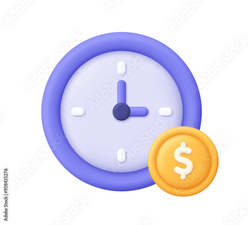 Clock and coin with dollar sign. Finance and business concept. Time is money, tax time reminder, fast money. 3d vector icon. Cartoon minimal style.