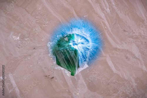 Exceptional Green dioptase with blue shattuckite included in quartz. Specimen from Namibia. Micro photography extreme close-up. microscope mineral crystal photography for Scientific use.  photo