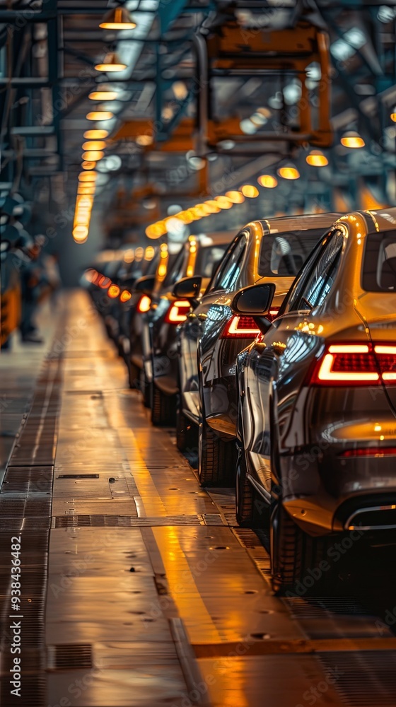 Automobile assembly line showcasing a row of cars being manufactured, illuminated by yellow lights, representing the industrial advancements of the modern age. Automobile assembly line showcasing a row of cars being manufactured, illuminated by yellow lights, representing the industrial advancements of the modern age.