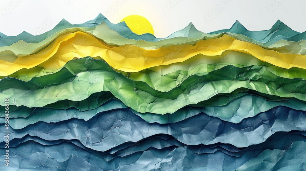 Abstract art of a mountain range made of crumpled paper with a yellow sun at the peak Abstract art of a mountain range made of crumpled paper with a yellow sun at the peak