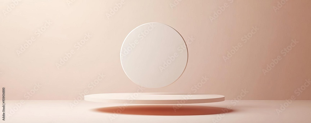 Floating 3D display with neutral colors and subtle reflections, elegant stage, minimalist design Floating 3D display with neutral colors and subtle reflections, elegant stage, minimalist design