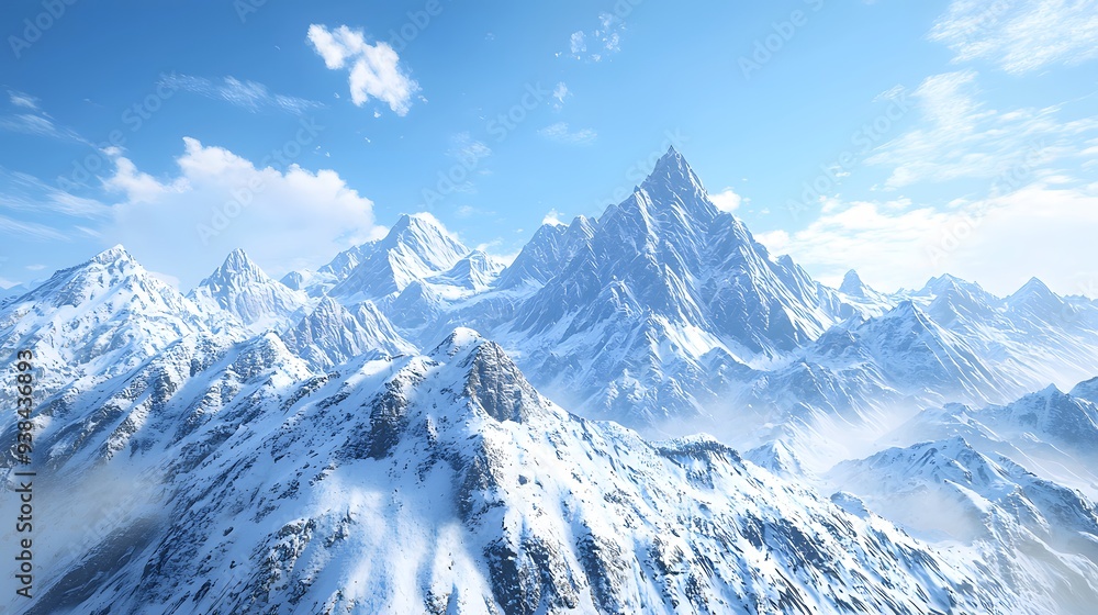 Obraz premium Majestic Snowy Mountain Range Under a Blue Sky.