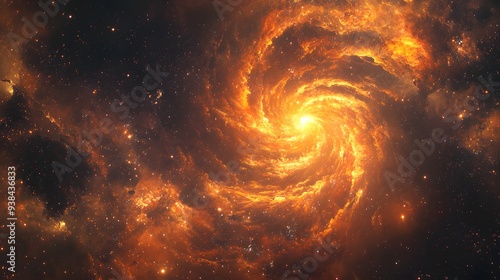 Cosmic Spiral Galaxy with Bright Orange Nebula and Stars.