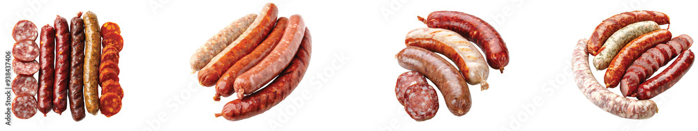 A vibrant selection of gourmet sausages on Transparent Background. A vibrant selection of gourmet sausages on Transparent Background.