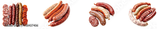 A vibrant selection of gourmet sausages on Transparent Background.