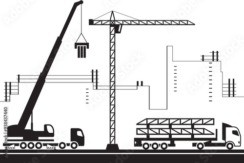 Mounting crane on construction site – vector illustration