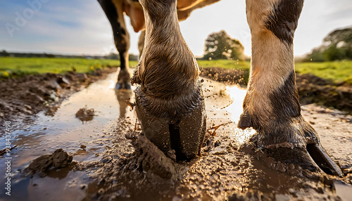 Close-up of a cow's hoof stepping in fresh mud, focusing on the texture and impact of the step.