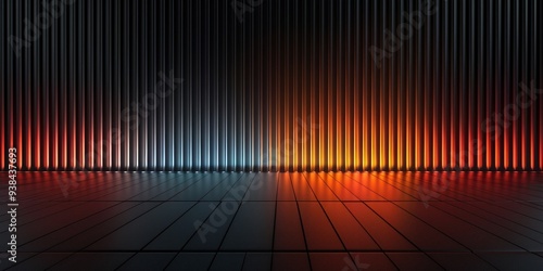 Dark stage, black background with neon lights on vertical metal bars