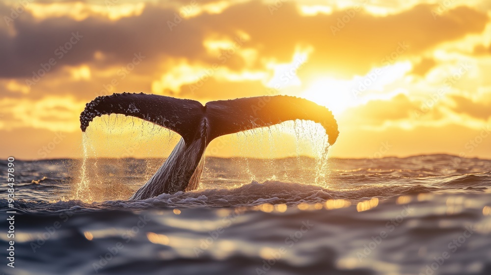 Fototapeta premium A majestic whale glides through the ocean, its massive body cutting gracefully through the water. A whale's tail in the ocean in a serene and powerful nature.