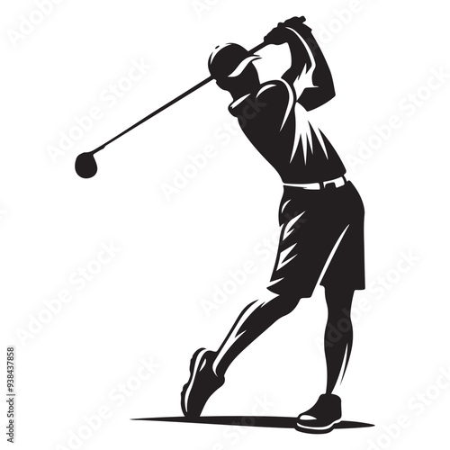 Black and white silhouette of a golf pro playing golf, Golf swing player pose vector silhouette black color