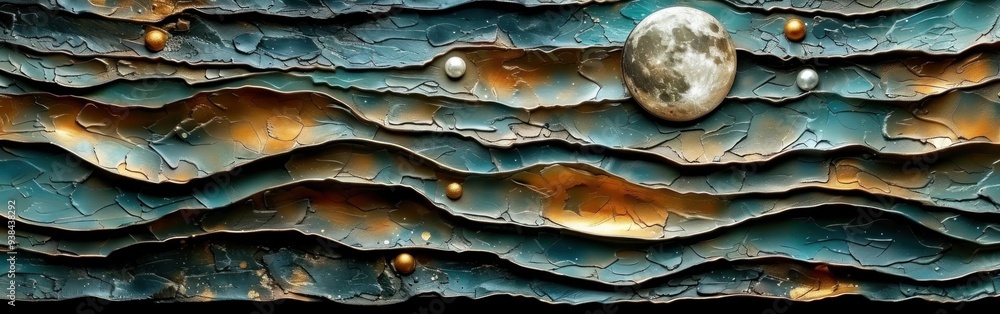 Obraz premium A textured abstract artwork featuring a wavy landscape with a prominent moon