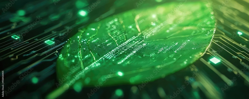 A vibrant green leaf overlaying a digital circuit, representing the fusion of nature and technology in modern design. A vibrant green leaf overlaying a digital circuit, representing the fusion of nature and technology in modern design.