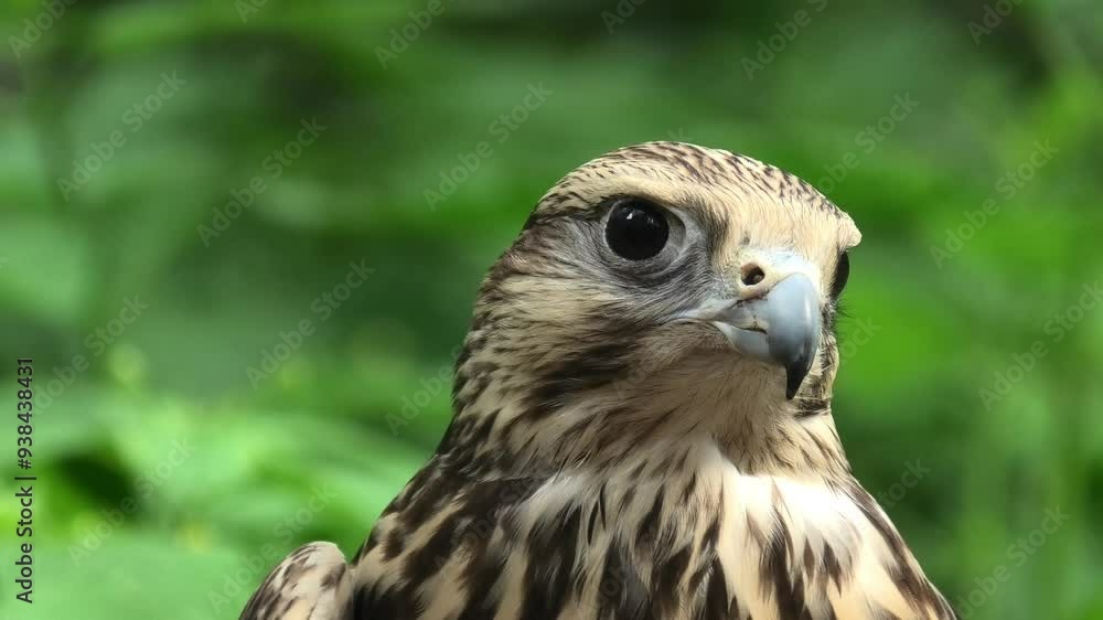 Saker falcon in the summer forest, green plants in a background (Falco cherrug) Saker falcon in the summer forest, green plants in a background (Falco cherrug)