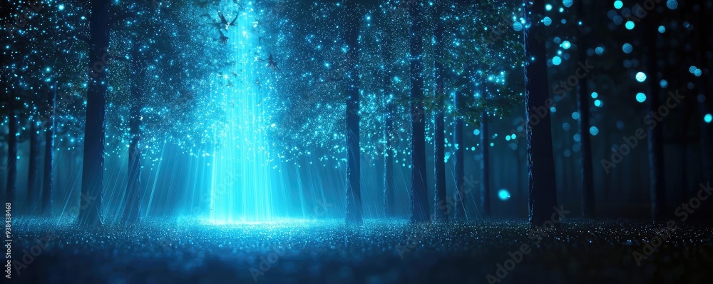 A mystical forest illuminated by soft blue light, creating an enchanting and serene atmosphere. A mystical forest illuminated by soft blue light, creating an enchanting and serene atmosphere.