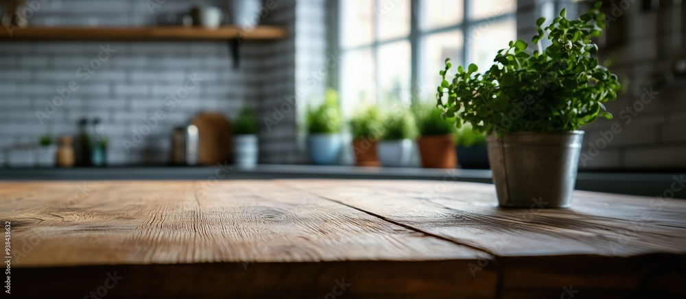 Wooden counter in front of a blurred modern kitchen backdrop, ideal for showcasing kitchen items or food products in a clean, inviting space.