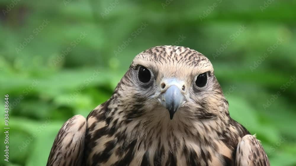 Saker falcon in the summer forest, green plants in a background (Falco cherrug) Saker falcon in the summer forest, green plants in a background (Falco cherrug)