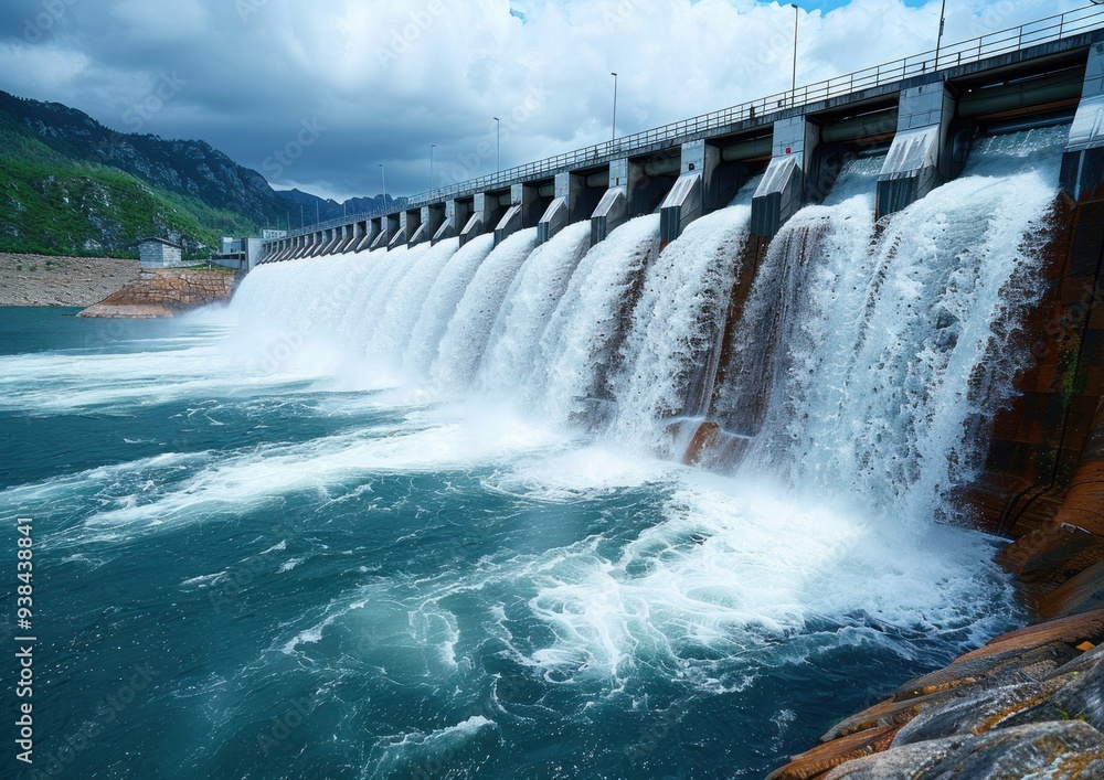 Water pours over a dam, creating a powerful waterfall Water pours over a dam, creating a powerful waterfall