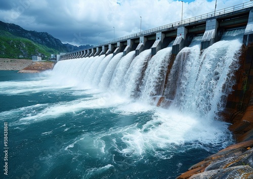 Water pours over a dam, creating a powerful waterfall