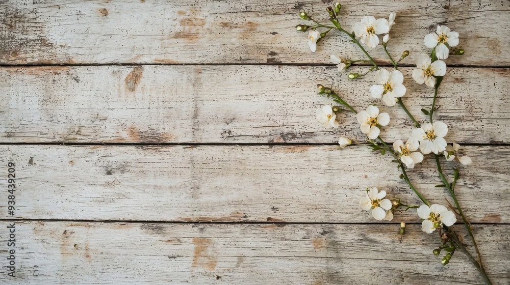 A branch of flowers on a wooden texture background, highlighting the contrast between the delicate floral elements and the rustic wood. A branch of flowers on a wooden texture background, highlighting the contrast between the delicate floral elements and the rustic wood.