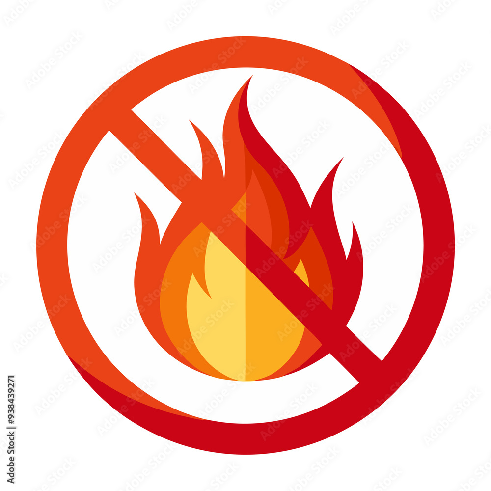A red prohibition symbol is superimposed over an illustration of a flame A red prohibition symbol is superimposed over an illustration of a flame
