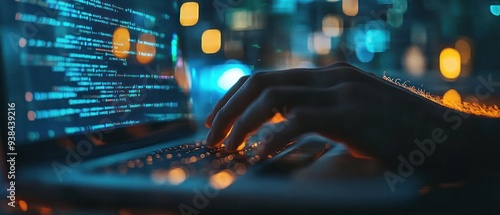 A Hand Typing Code on a Laptop in a City at Night