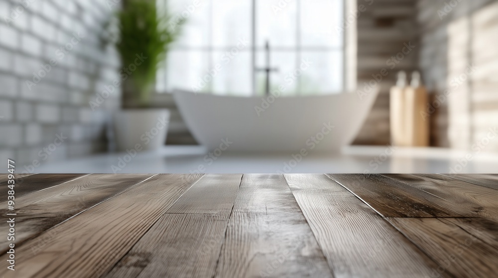 Empty wooden table with a blurred modern bathroom interior background, perfect for showcasing bathroom products or creating montages with clean, natural aesthetics. Empty wooden table with a blurred modern bathroom interior background, perfect for showcasing bathroom products or creating montages with clean, natural aesthetics.