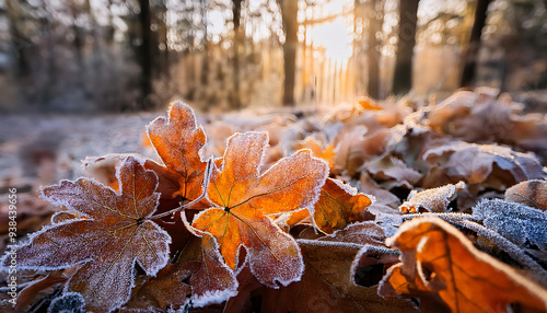 Fototapeta Naklejka Na Ścianę i Meble -  Frost-covered autumn leaves on the forest floor, capturing the transition from fall to winter with a focus on textures and seasonal change.