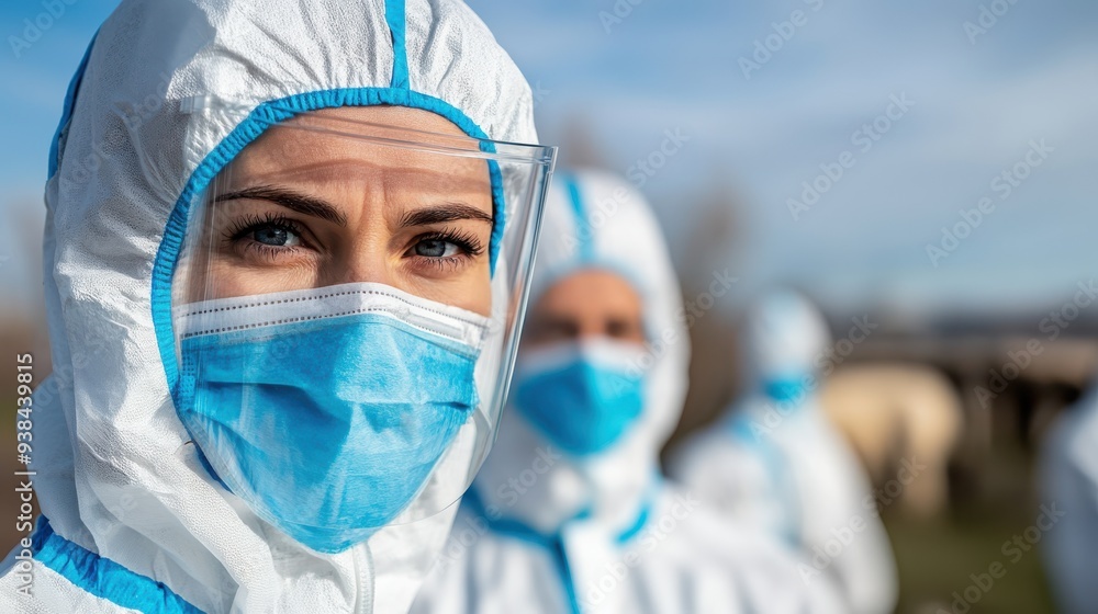 A scientist in a lab, wearing a full protective suit, mask, and goggles, stands in focus while ensuring safety measures are strictly followed during important scientific research tasks. A scientist in a lab, wearing a full protective suit, mask, and goggles, stands in focus while ensuring safety measures are strictly followed during important scientific research tasks.