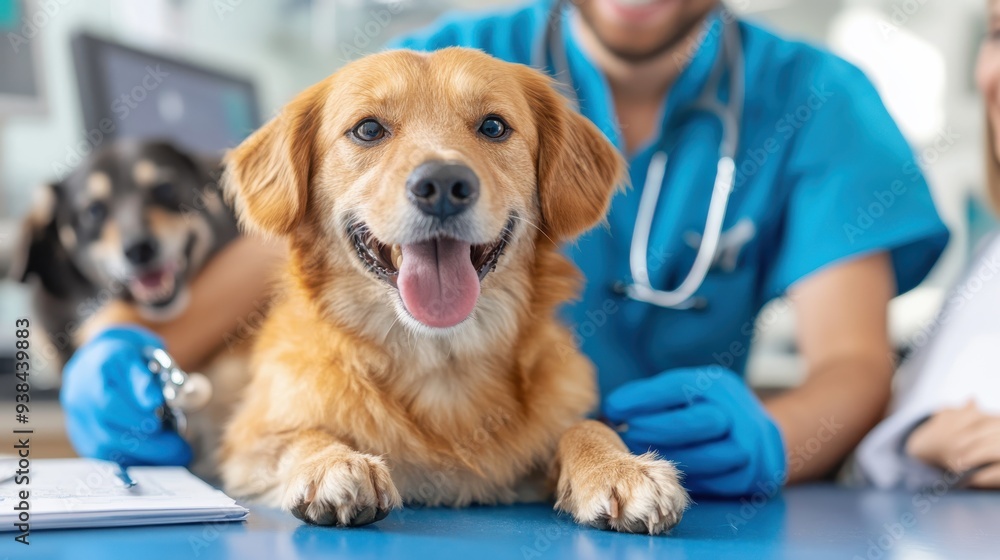 A joyful brown dog is being examined at a veterinary clinic by a vet in blue scrubs. The dog appears happy and healthy, and the vet is attentive and caring. A joyful brown dog is being examined at a veterinary clinic by a vet in blue scrubs. The dog appears happy and healthy, and the vet is attentive and caring.