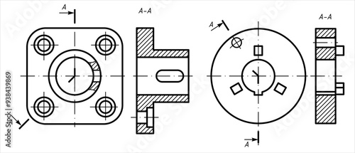 Vector drawing of steel mechanical parts with through holes
and dimension lines on white sheet of paper.
Engineering cad scheme. Technical template.