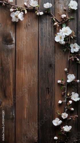 A branch of flowers on a wooden texture background, highlighting the contrast between the delicate floral elements and the rustic wood.