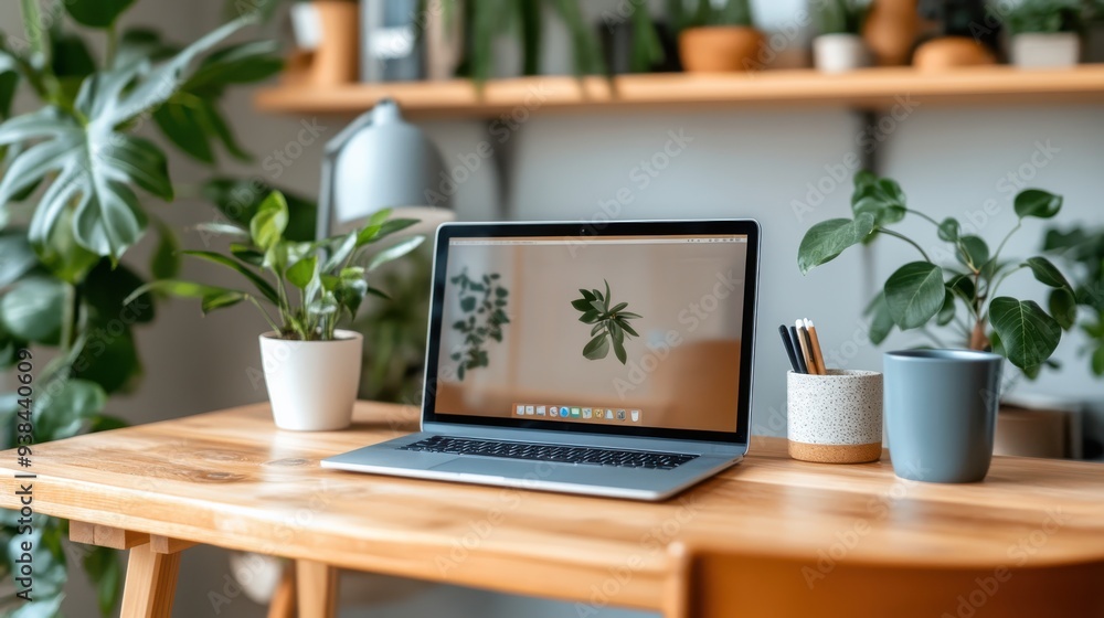A home office desk setup featuring a laptop, plant pots, pens in a holder, and a minimalist ambiance. The design emphasizes natural light and a clean workspace. A home office desk setup featuring a laptop, plant pots, pens in a holder, and a minimalist ambiance. The design emphasizes natural light and a clean workspace.