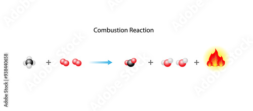 Combustion reaction. Chemical reaction. Hydrocarbon and oxygen reaction to produce carbon dioxide, water and heat. Experiment explanation. Scientific vector illustration.