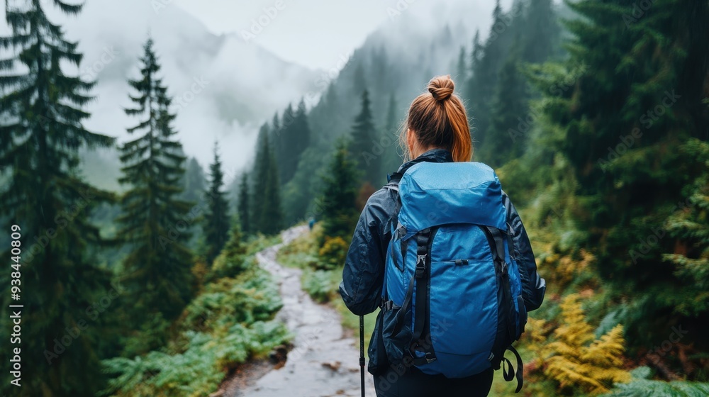 A woman walking along a forested mountain path, carrying a blue backpack and trekking poles, surrounded by dense green trees and a misty atmosphere, embracing nature's beauty. A woman walking along a forested mountain path, carrying a blue backpack and trekking poles, surrounded by dense green trees and a misty atmosphere, embracing nature's beauty.