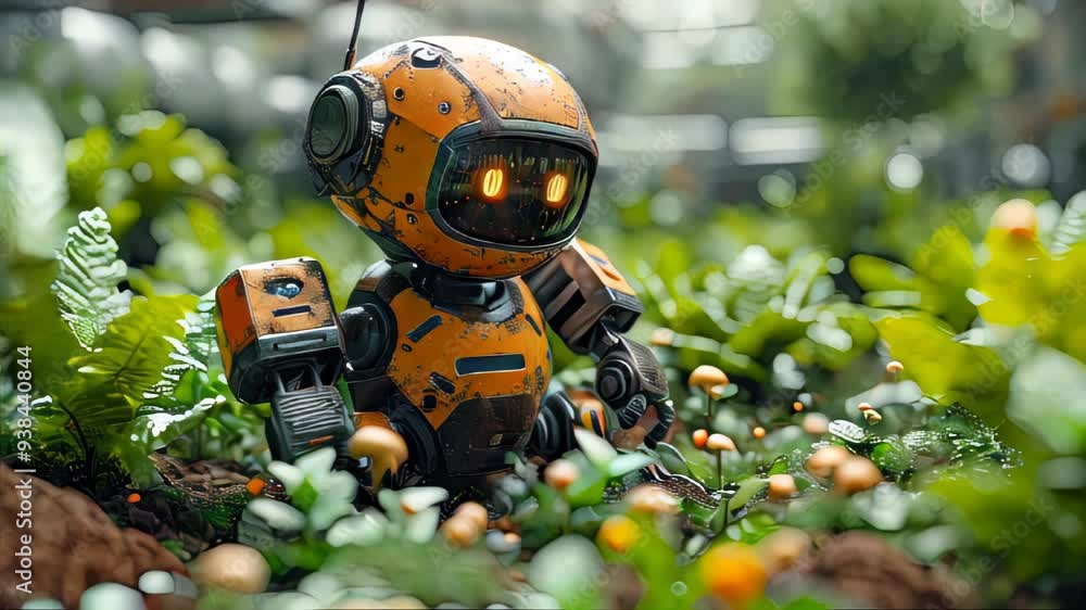 Robot in the botanical garden, concept of robotic farmers and automatic growing of food vegetables Robot in the botanical garden, concept of robotic farmers and automatic growing of food vegetables