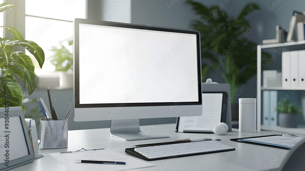 Modern office desk with a blank computer screen, keyboard, tablet, and office supplies. Modern office desk with a blank computer screen, keyboard, tablet, and office supplies.