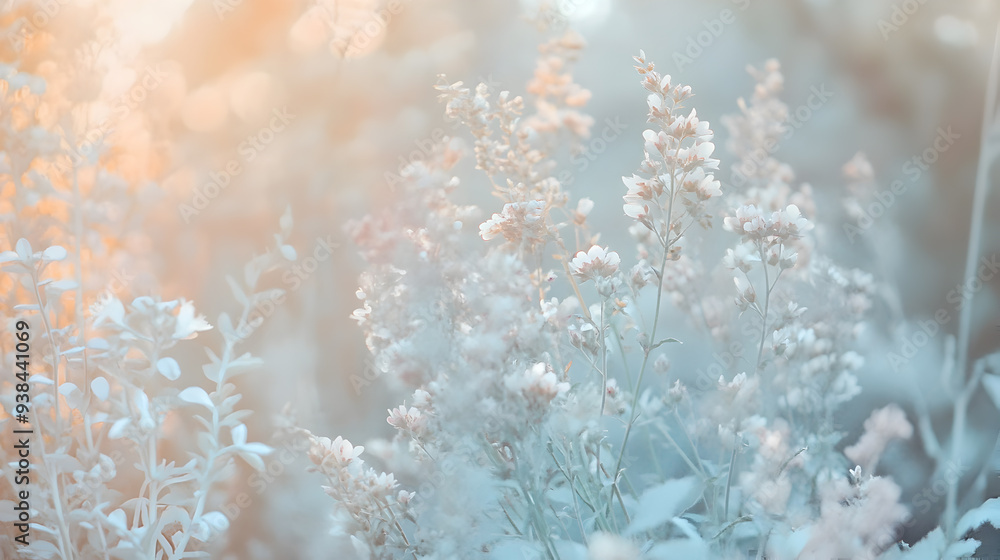 Soft, delicate white flowers bloom in a field of green, bathed in the warm glow of the setting sun. Soft, delicate white flowers bloom in a field of green, bathed in the warm glow of the setting sun.