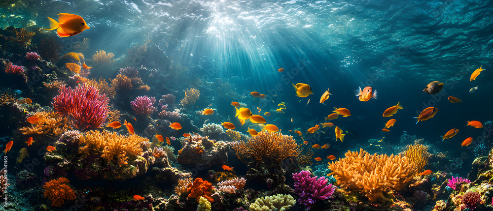 Fototapeta premium Vibrant coral reef with colorful fish and sunlight beams.