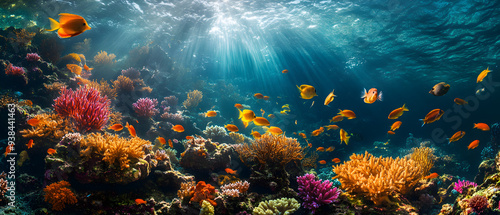 Vibrant coral reef with colorful fish and sunlight beams.