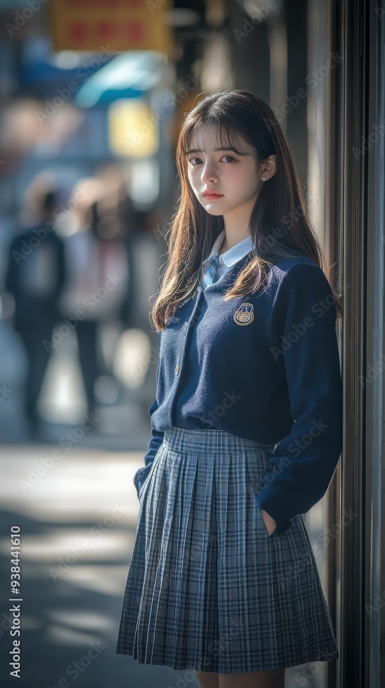Young student in uniform stands thoughtfully on a busy city street Young student in uniform stands thoughtfully on a busy city street