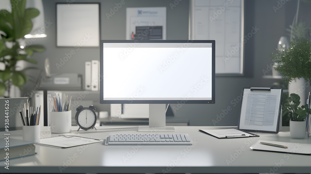 White desktop computer with blank screen in a modern office. White desktop computer with blank screen in a modern office.