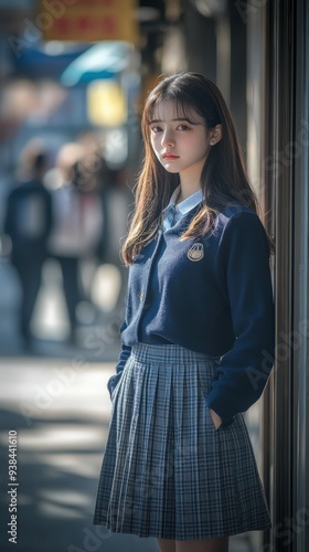 Young student in uniform stands thoughtfully on a busy city street